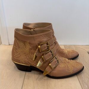 Chloe Studded Beige Ankle Boots with Buckles